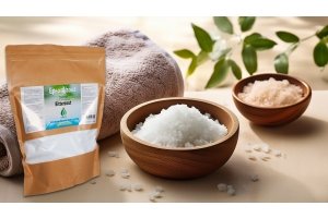 Verpackung von Bittersalz (Epsom-Salz) neben Holzschalen mit weißen und rosafarbenen Magnesiumsulfatkristallen, in einem Wellness-Umfeld mit Handtuch und grünen Blättern.