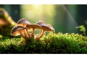 Pilzgruppe in einem moosbedeckten Wald, sanft vom Sonnenlicht beleuchtet – Sinnbild für die natürliche Kraft der Mykotherapie.