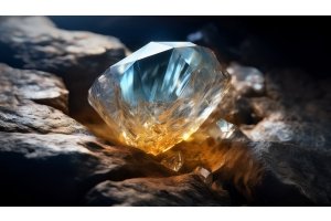 Blauer und goldener Topas-Kristall auf rohem Stein – Edelstein mit spiritueller und energetischer Wirkung.