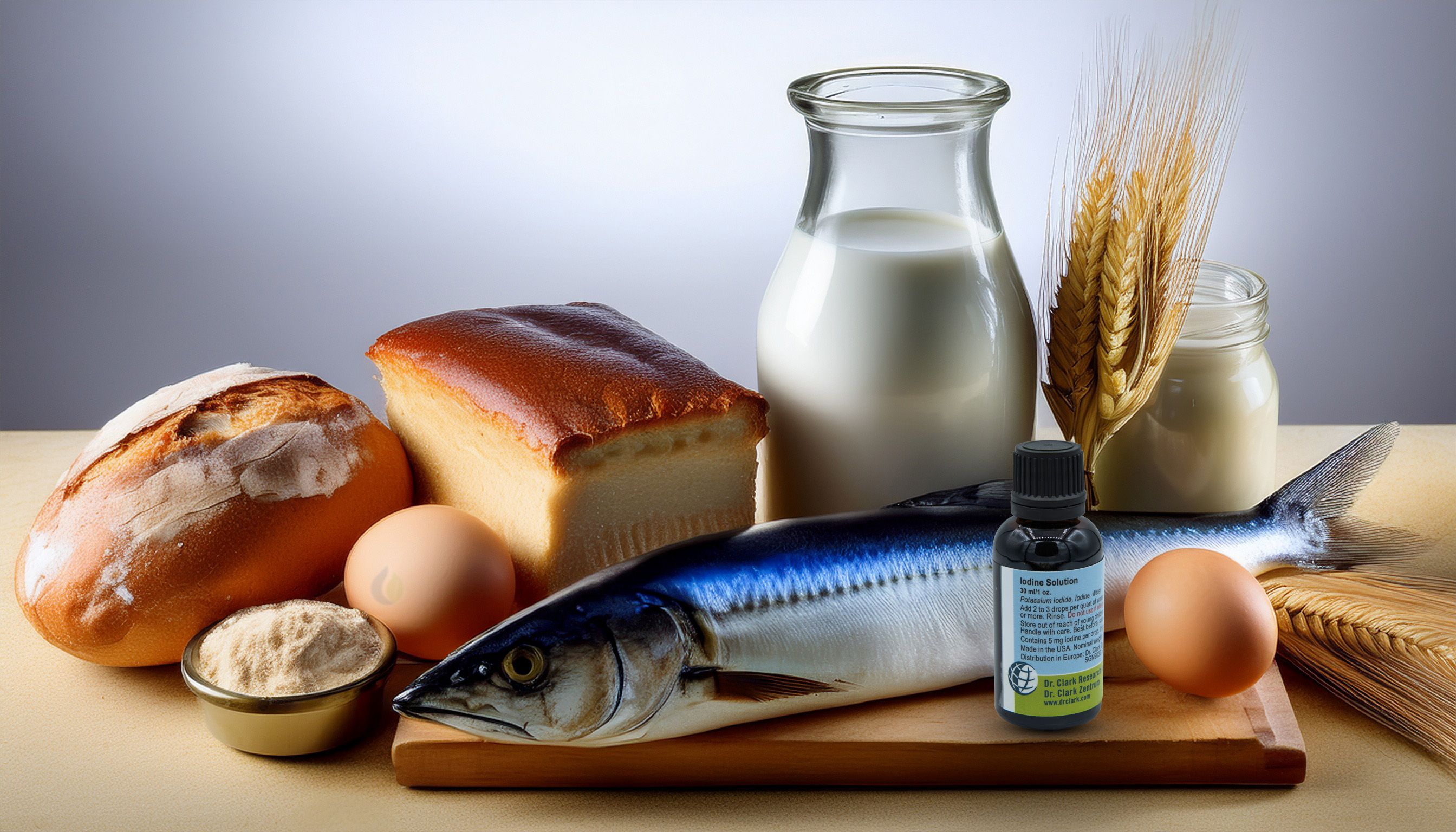 Jodhaltige Lebensmittel wie Brot, Milch, Eier, Fisch, Weizen und Jodlösung auf einem Tisch.