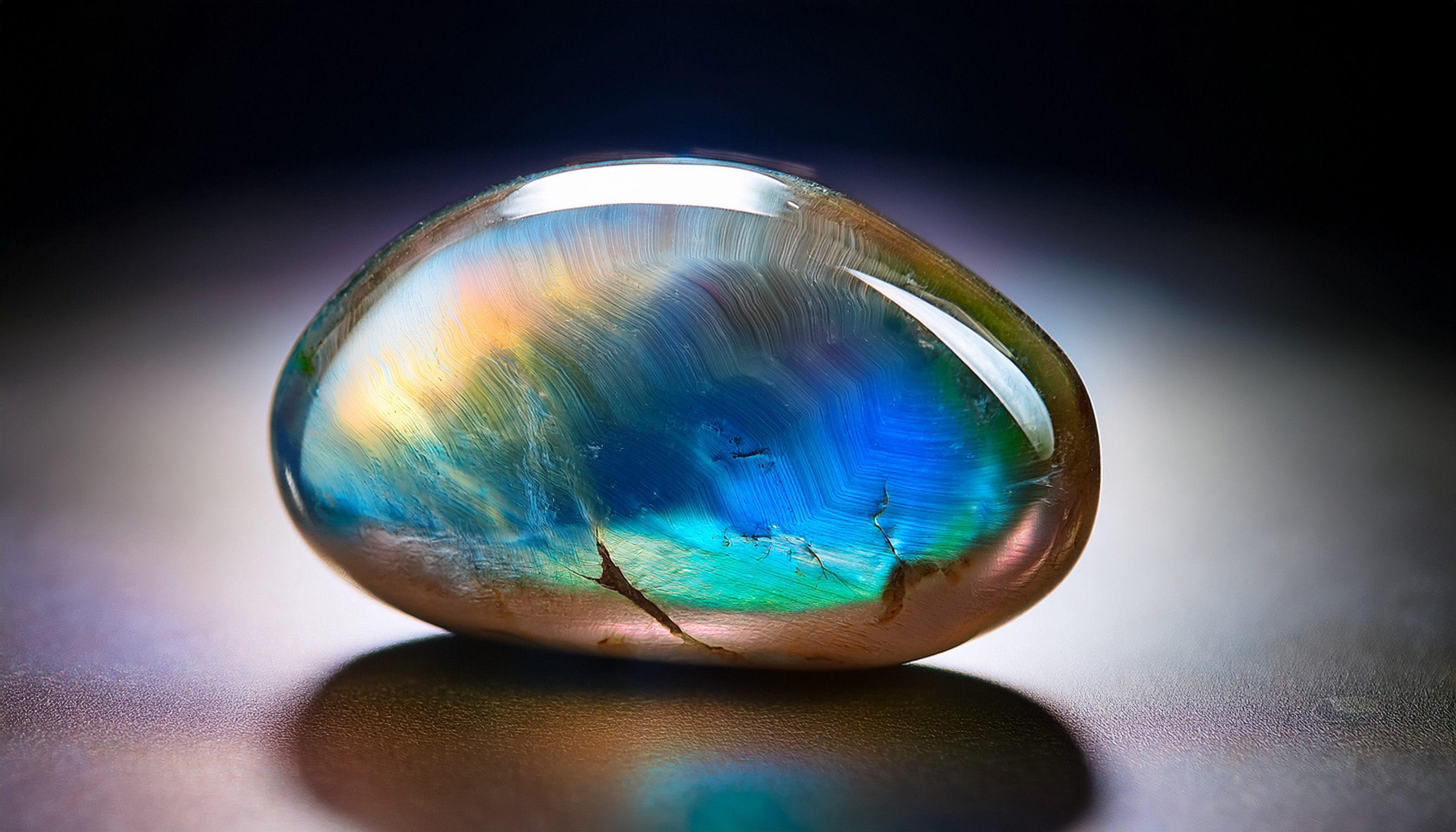 Polierter Labradorit mit irisierenden Blaugrün- und Goldtönen auf einer glatten Oberfläche.