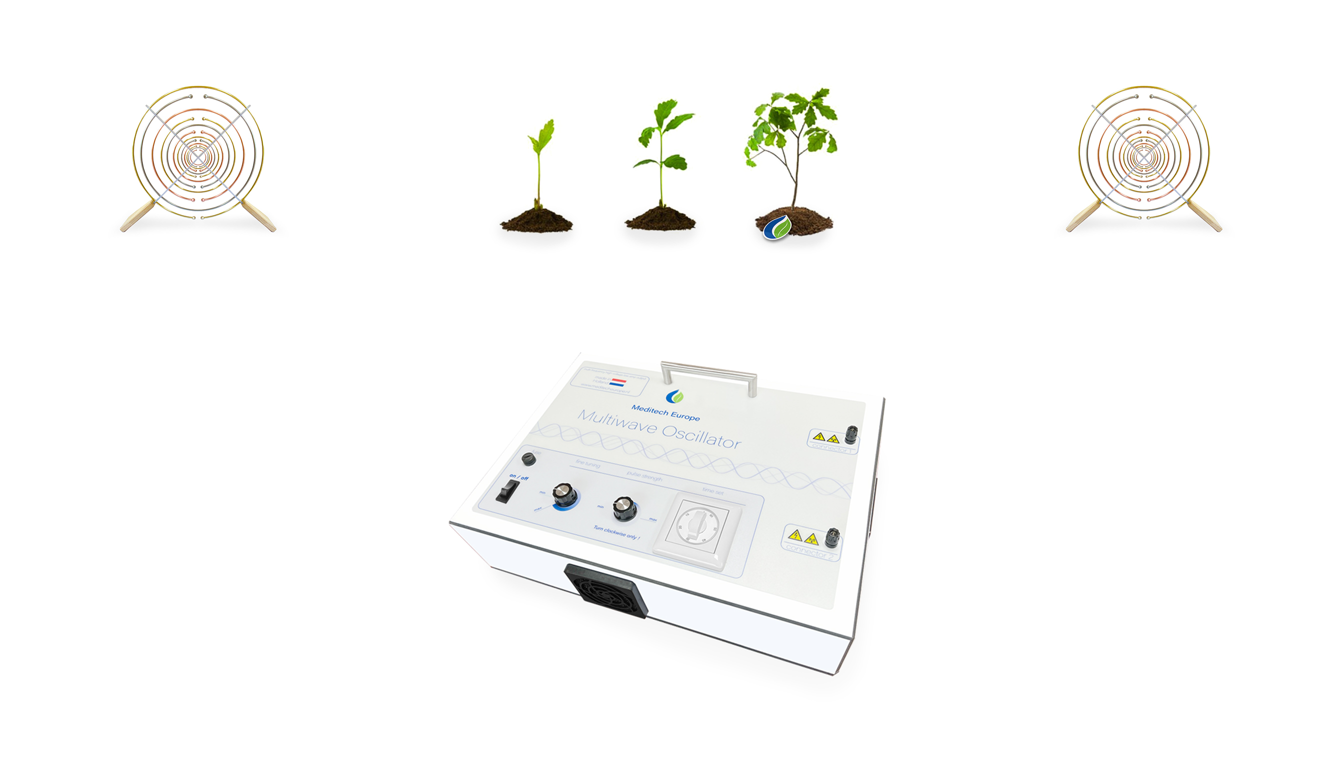 Multiwave-Oszillator von Meditech Europe mit zwei Antennen und einer wachsenden Pflanze in drei Stadien, vom Sämling zur jungen Pflanze.