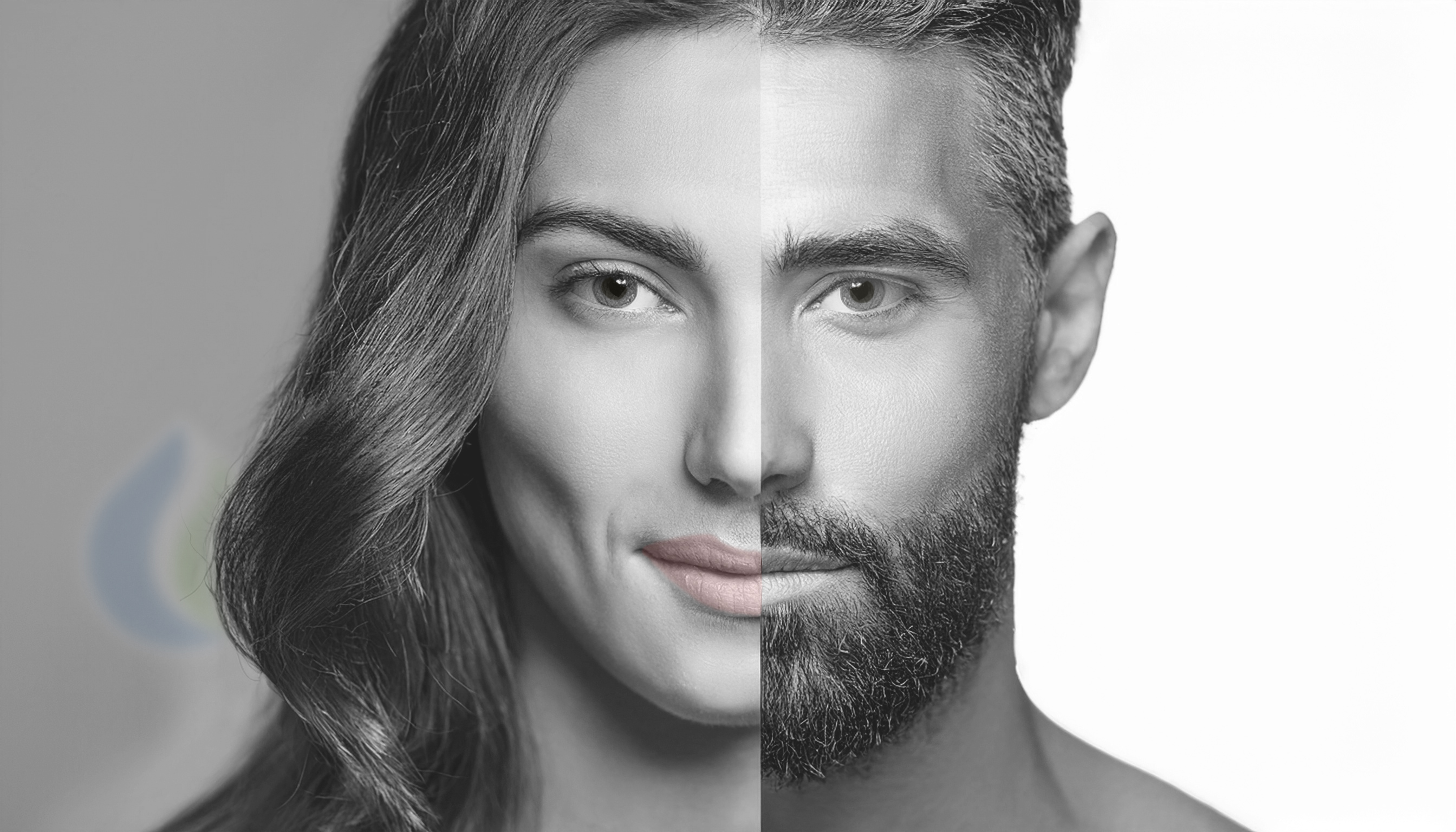 Zusammengesetztes Porträt eines Gesichts, das zur Hälfte weiblich und zur Hälfte männlich ist – als symbolische Darstellung der biologischen Unterschiede zwischen Männern und Frauen.