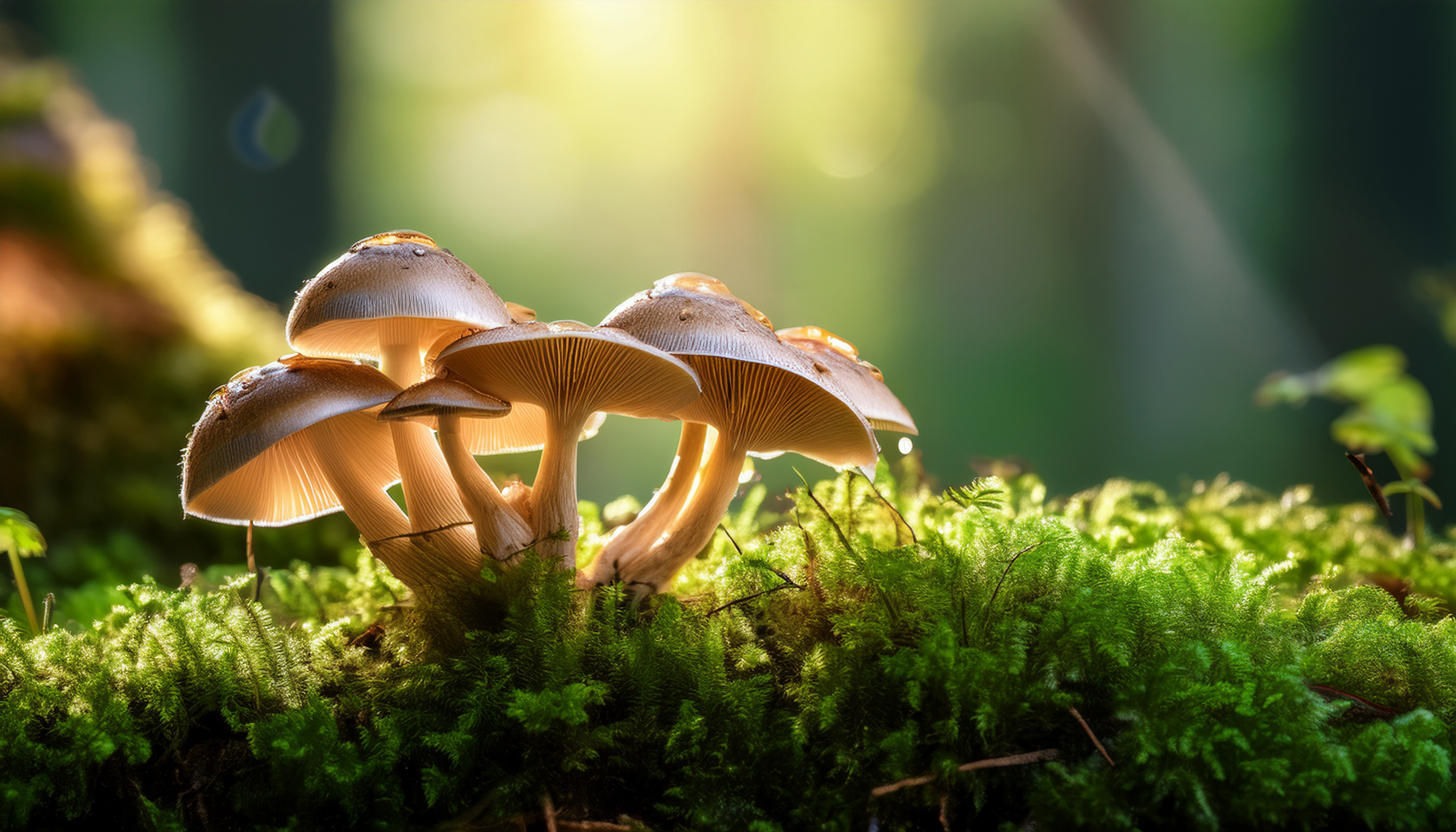 Pilzgruppe in einem moosbedeckten Wald, sanft vom Sonnenlicht beleuchtet – Sinnbild für die natürliche Kraft der Mykotherapie.