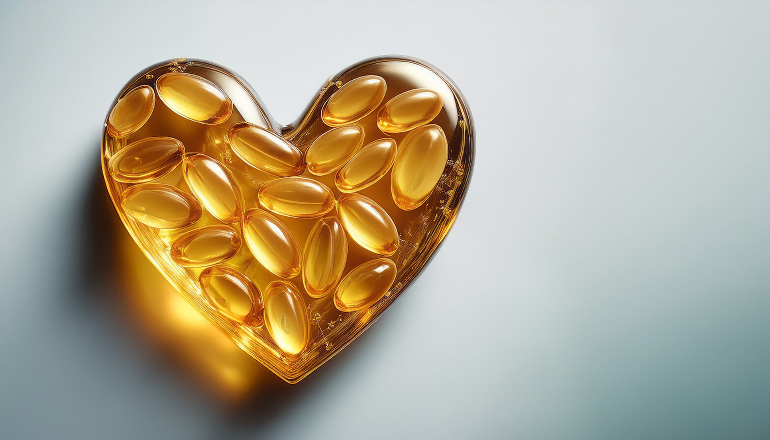 Herzform gefüllt mit Omega-3-Kapseln als Symbol für die Unterstützung der Herzgesundheit.