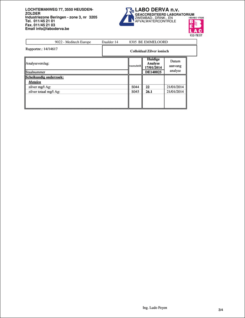 Laboratoriumanalyse Colloïdaal Zilver 10ppm